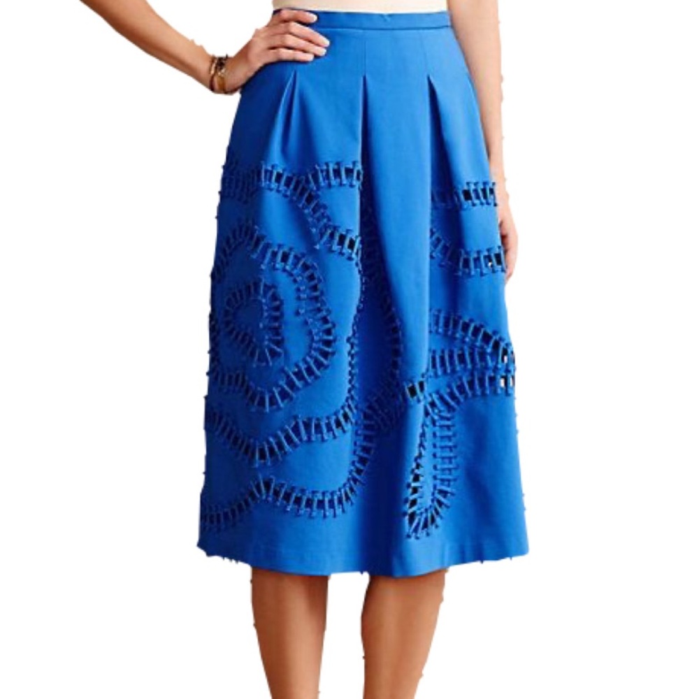 Anthropologie Sachin + Babi Blue Pleated Midi A-Line Skirt CutOut Floral Details